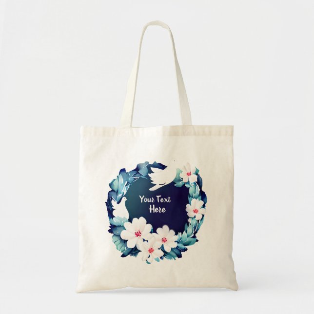Beautiful White Doves Floral Wreath Tote Bag (Front)