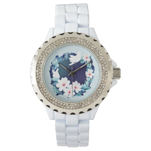 Beautiful White Doves Floral Wreath Watch (Front)