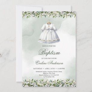 Beautiful white dress lilies and roses Baptism Invitation