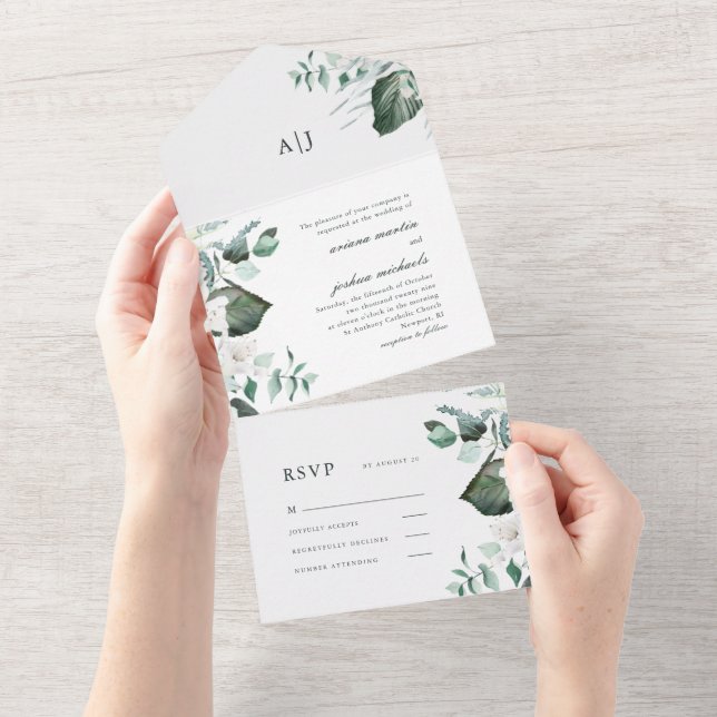 Beautiful White Floral and Greenery Wedding All In One Invitation (Tearaway)