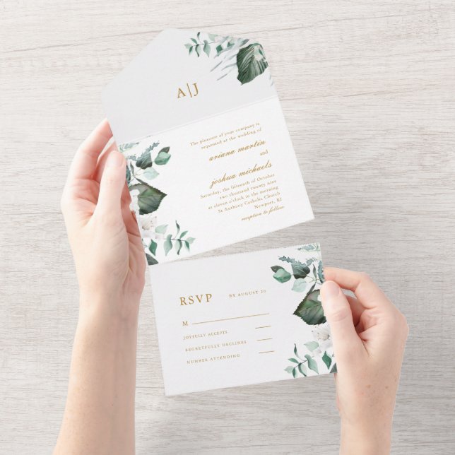 Beautiful White Floral and Greenery Wedding All In One Invitation (Tearaway)