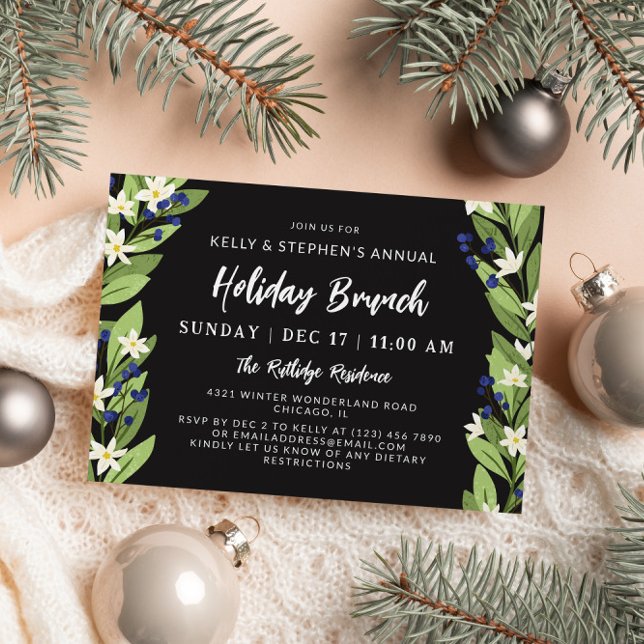 Beautiful White Floral Blue Berries Holiday Brunch Invitation (Creator Uploaded)