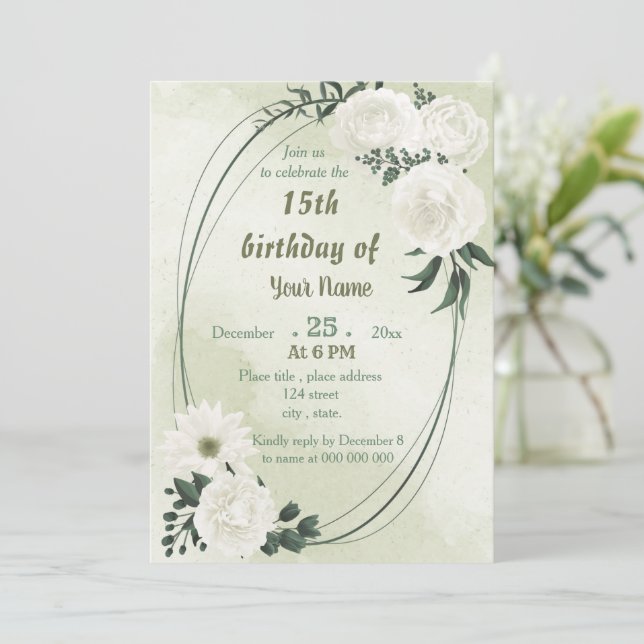beautiful white floral geometric birthday party invitation (Standing Front)