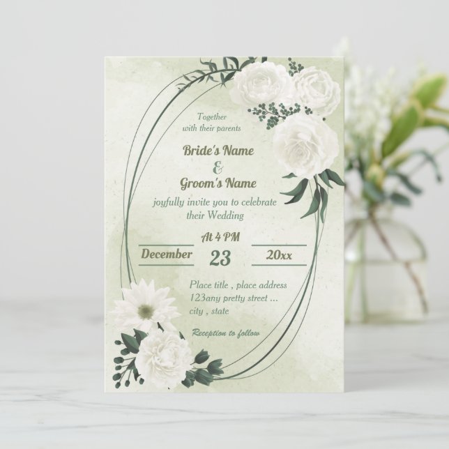 beautiful white floral greenery geometric wedding invitation (Standing Front)