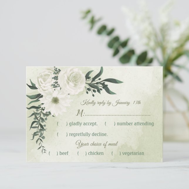 beautiful white floral greenery meal choice RSVP card (Standing Front)