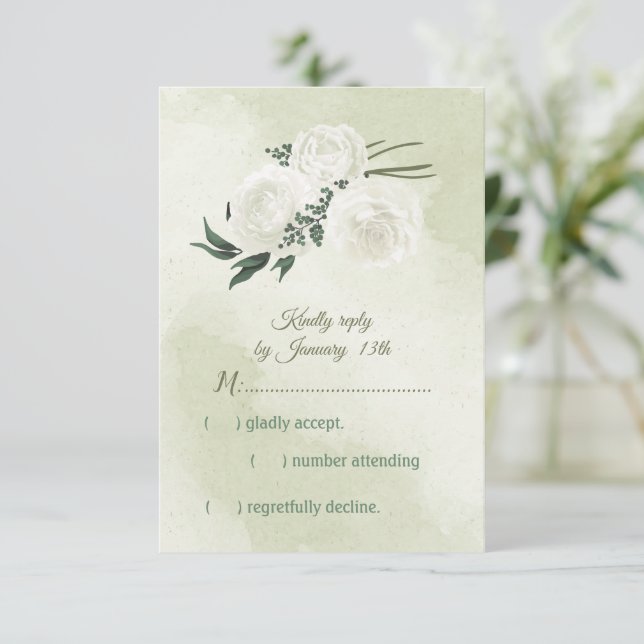 beautiful white floral greenery RSVP card (Standing Front)