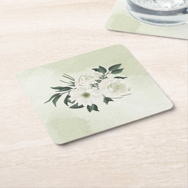 beautiful white floral greenery square paper coaster (Angled)