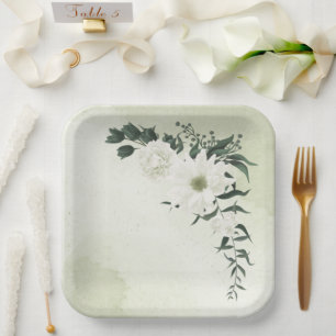 beautiful white floral greenery wedding paper plate
