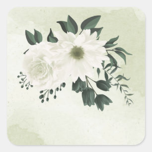 beautiful white floral greenery wedding square sticker