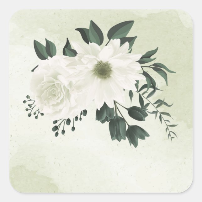 beautiful white floral greenery wedding square sticker (Front)