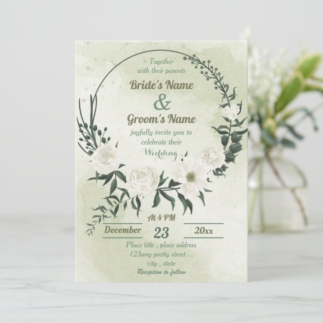 beautiful white floral greenery wreath wedding invitation (Standing Front)