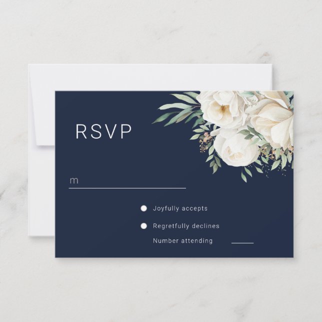 Beautiful White Floral Navy Wedding RSVP Card (Front)