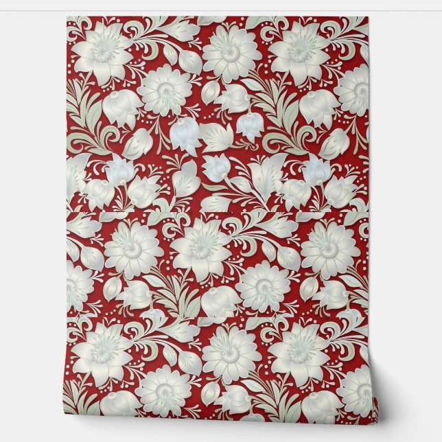 Beautiful White Floral Ornament on Red Background Wallpaper (Unrolling)