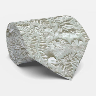 Beautiful White Floral Pattern Faux Leather  Tie