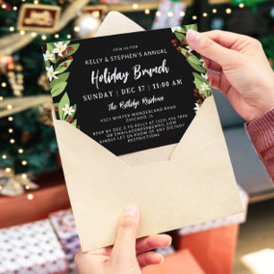 Beautiful White Floral Red Berries Holiday Brunch Invitation