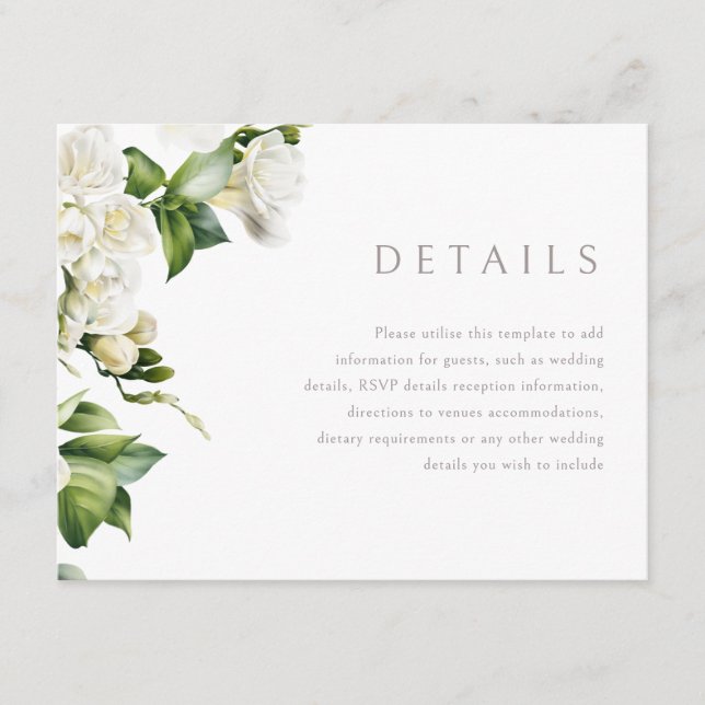 Beautiful White Floral Wedding Details Enclosure Card (Front)
