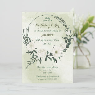 beautiful white floral wreath birthday party invitation
