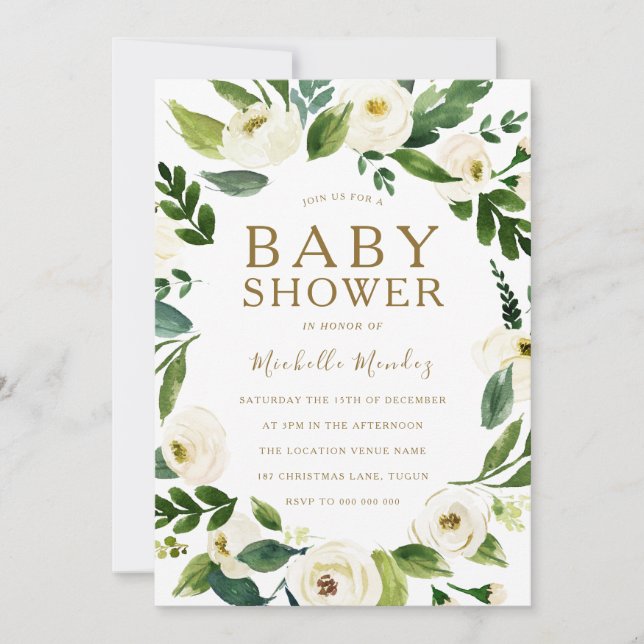 Beautiful White Floral Wreath  Neutral Baby Shower Invitation (Front)