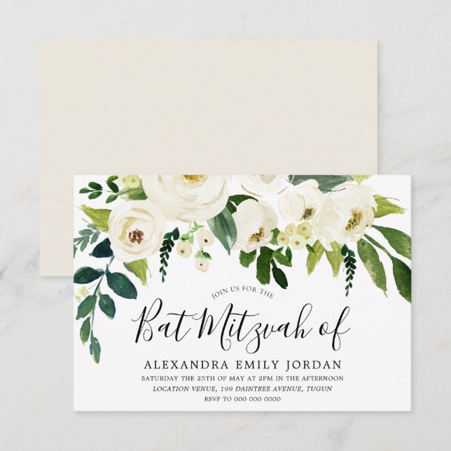 Beautiful White Flowers Bar Mitzvah Bat Mitzvah Invitation (Front/Back)