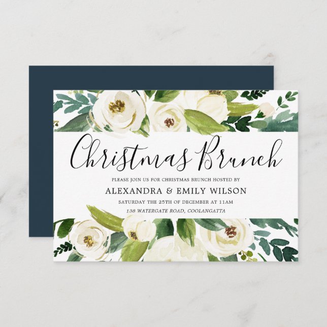 Beautiful White Flowers Christmas Party Brunch Invitation (Front/Back)