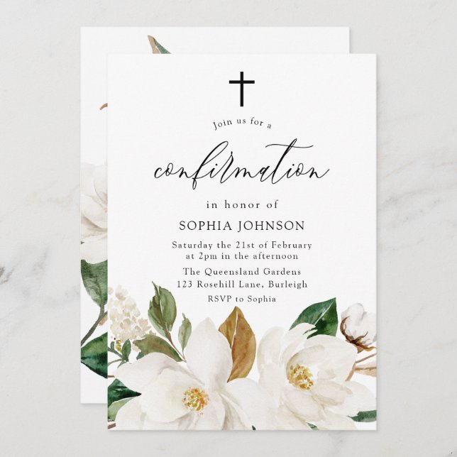 Beautiful White Flowers Confirmation Invitation (Front/Back)