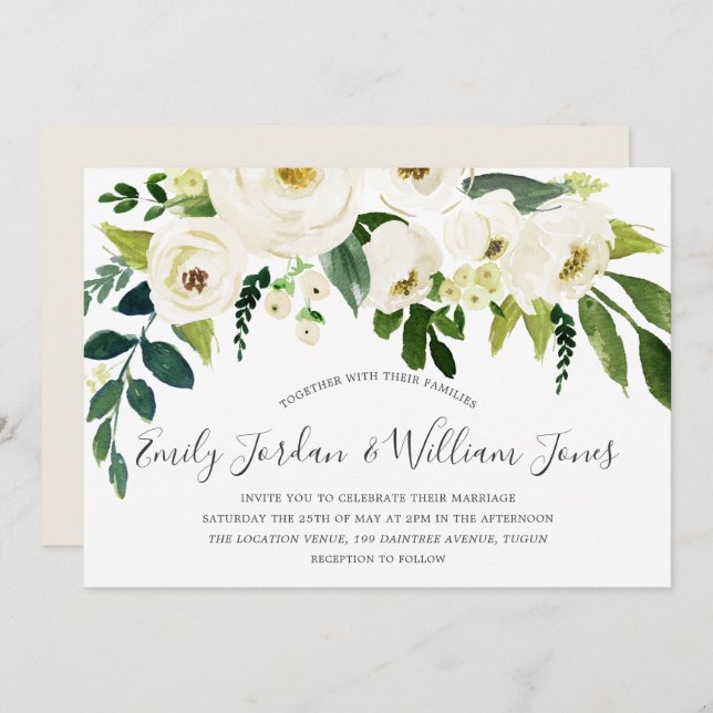 Beautiful White Flowers Cream Elegant Wedding Invitation (Front/Back)
