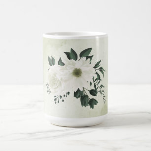 Beautiful white flowers green leaves coffee mug