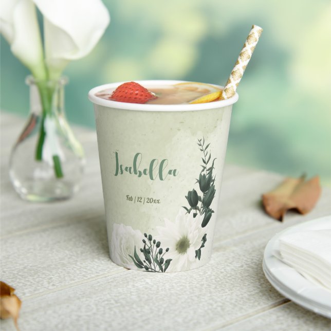 Beautiful white flowers green leaves  paper cups (Insitu)