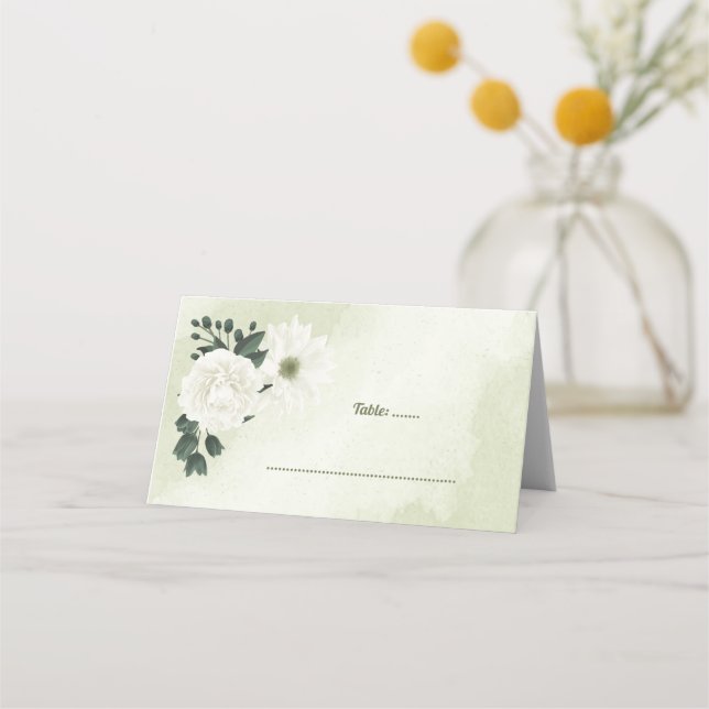 beautiful white flowers green leaves place card (Front)