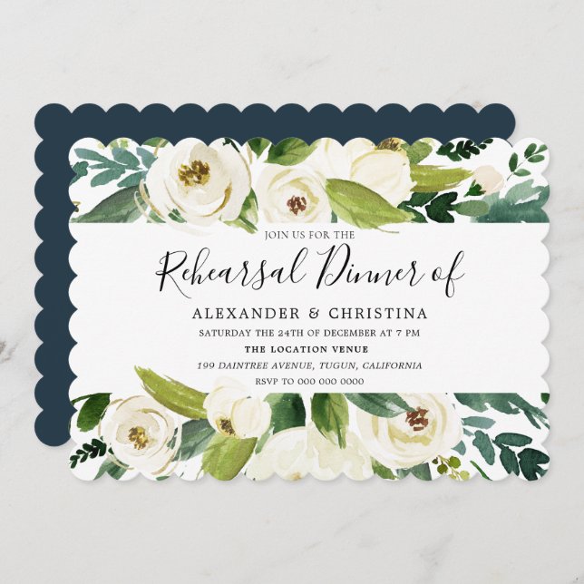 Beautiful White Flowers Green Rehearsal Dinner Invitation (Front/Back)