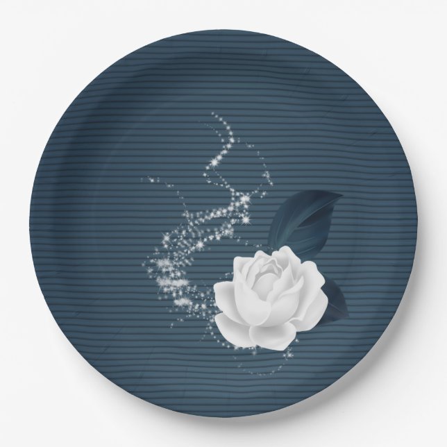 Beautiful white flowers & navy leaves paper plate (Front)