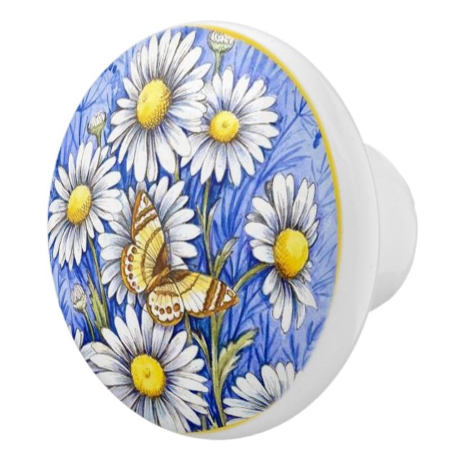 Beautiful White flowers on blue background Ceramic Knob (Right)