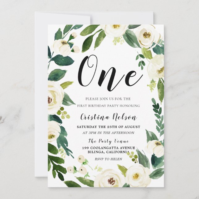Beautiful White Flowers Photo Back 1st Birthday Invitation (Front)