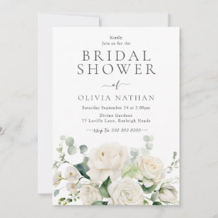 Beautiful White Flowers & Sage Bridal Shower Invitation