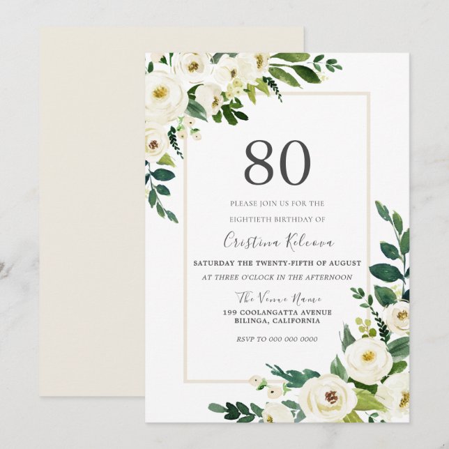 Beautiful White Flowers With Frame 80th Birthday Invitation (Front/Back)