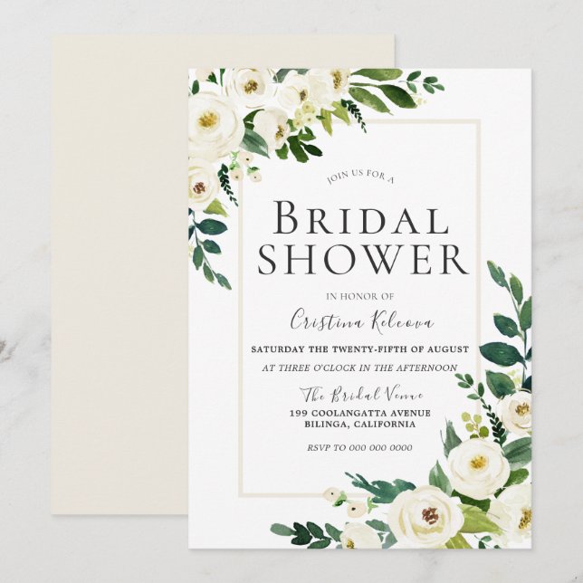 Beautiful White Flowers With Frame Bridal Shower Invitation (Front/Back)