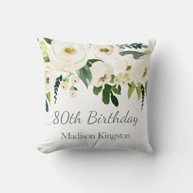 Beautiful White Flowers Womans 80th Birthday Gift Cushion (Front)