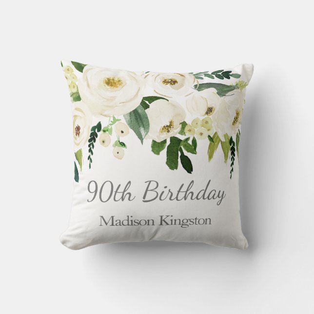 Beautiful White Flowers Womans 90th Birthday Gift Cushion (Front)
