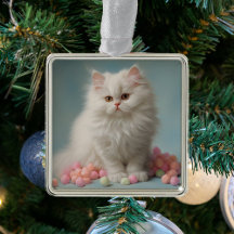 Beautiful White Fluffy Cat Ornament
