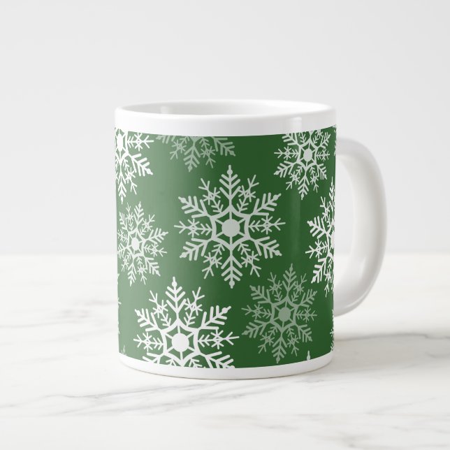 Beautiful White & Green Winter Snow Stars Large Coffee Mug (Front Right)