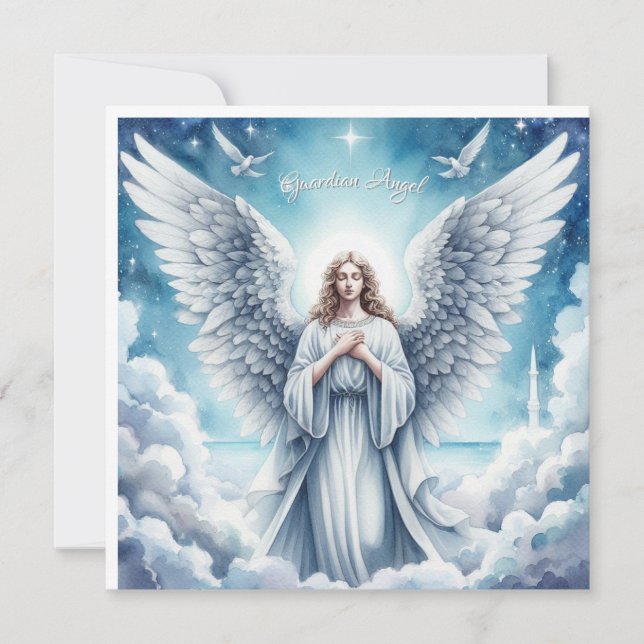 Beautiful White Guardian Angel Holiday Card (Front)
