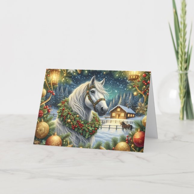 Beautiful White Horse and Christmas Wreath Holiday Card (Front)