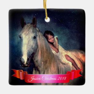 Beautiful White Horse and Little Girl Christmas Ceramic Ornament