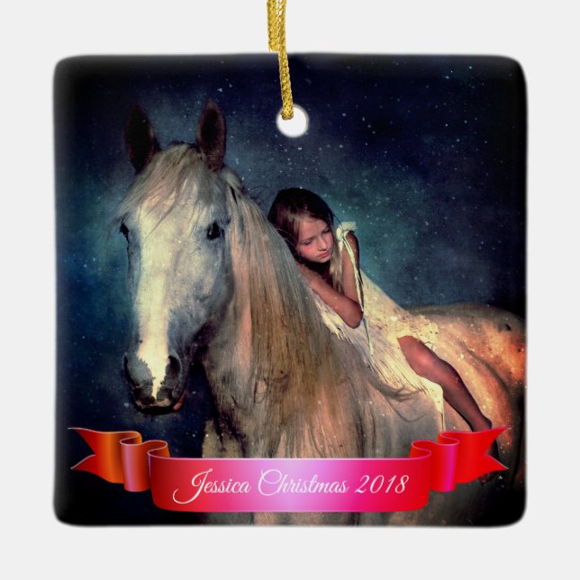 Beautiful White Horse and Little Girl Christmas Ceramic Ornament (Front)