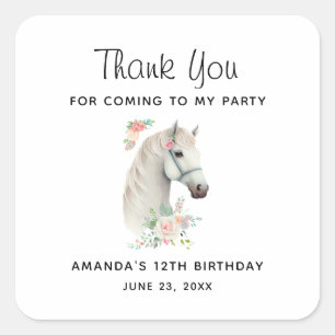 Beautiful White Horse Boho Floral Birthday Square Sticker