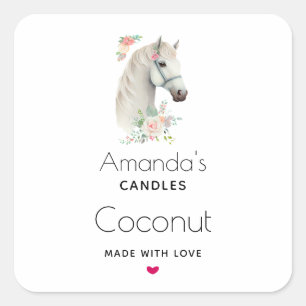 Beautiful White Horse Boho Floral Candle Business Square Sticker