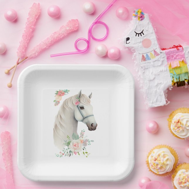 Beautiful White Horse Boho Floral Paper Plate (Party)