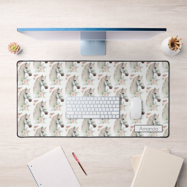 Beautiful White Horse Boho Floral Pattern Desk Mat (Office 1)