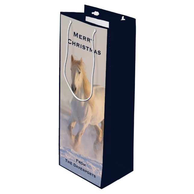 Beautiful White Horse Galloping in Snow Christmas Wine Gift Bag (Front Angled)
