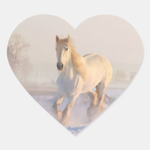 Beautiful White Horse Galloping in the Snow Heart Sticker